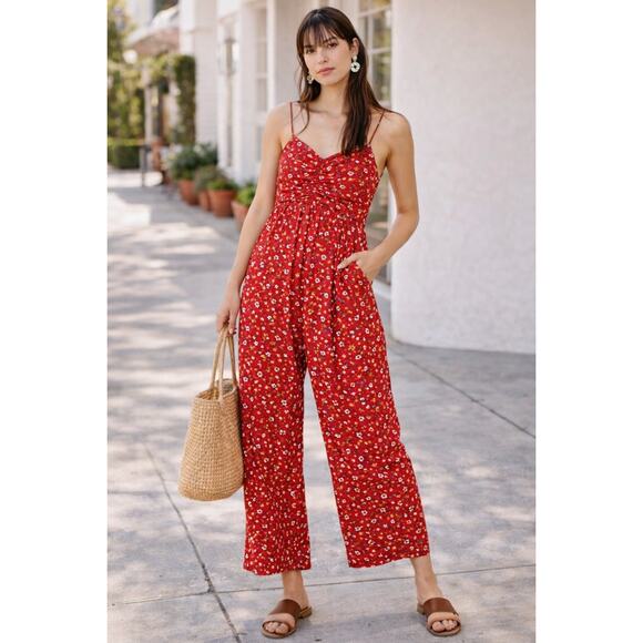 Madewell Pants - MADEWELL Jumpsuit Size 2 Wide leg Floral Red Blue Prairie Posies Summer Smocked